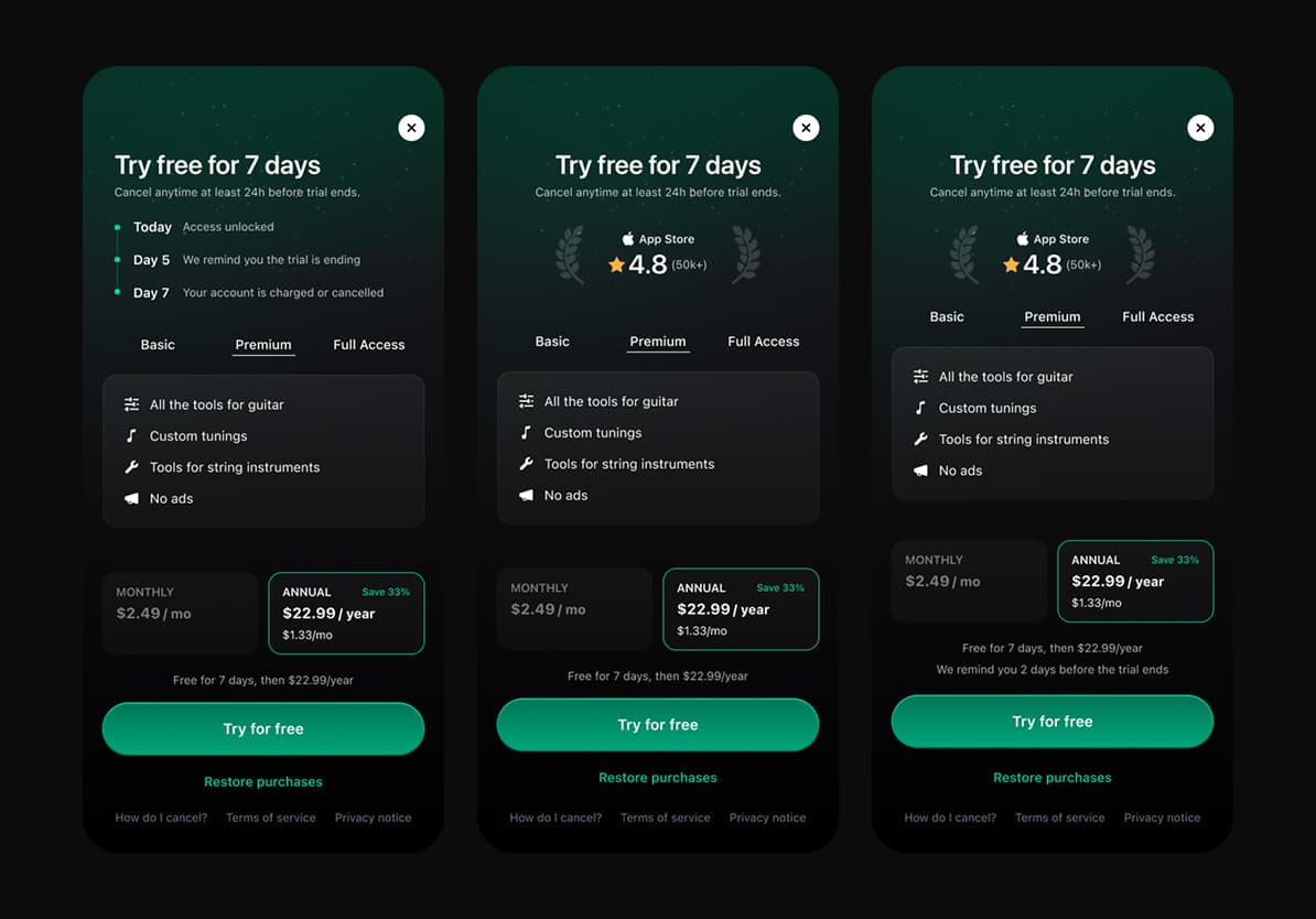 Three redesigned GuitarTuna paywalls side by side