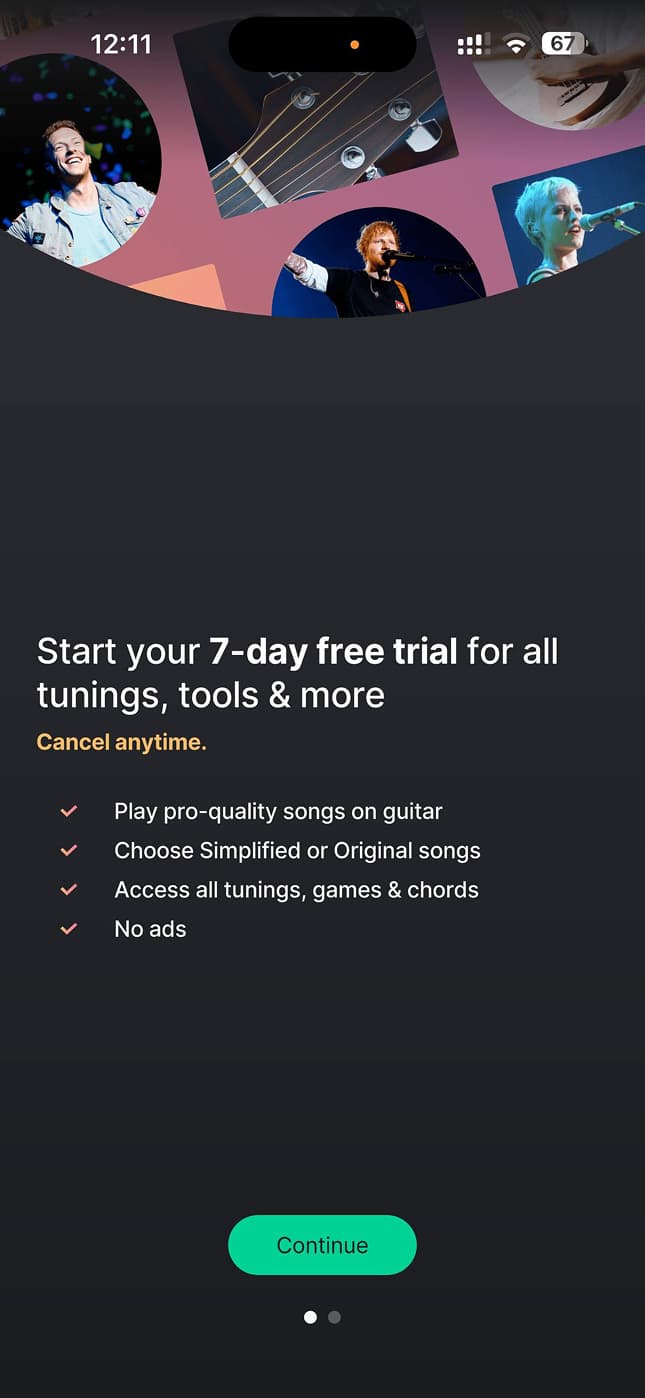 Existing GuitarTuna screen with a list of four benefits