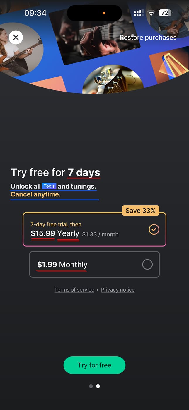 GuitarTuna paywall variant 1, $15.99 a year