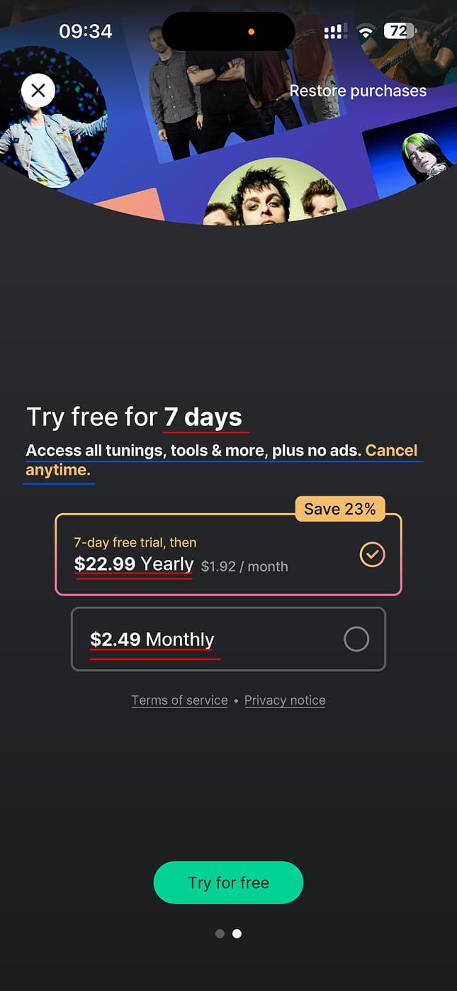 GuitarTuna paywall variant 2, $22.99 a year