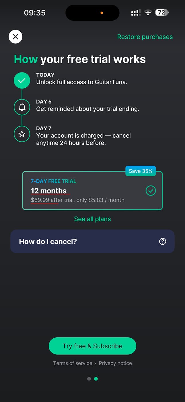GuitarTuna paywall variant 3, $69.99 a year