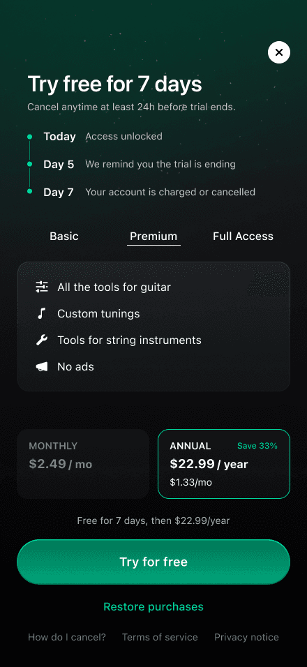 Redesigned paywall with benefit rows and both plans on one screen