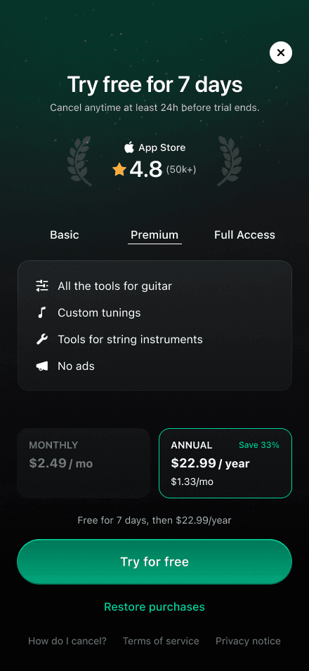 Redesigned paywall with a 4.8 App Store rating under the headline