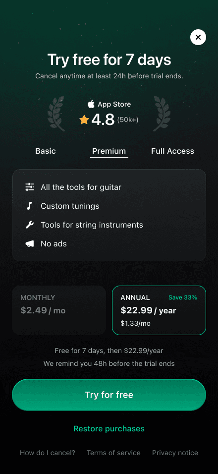 Redesigned paywall with a trial reminder line under the plans